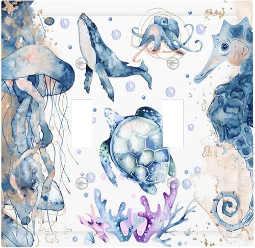 Cubierta de interruptor de luz de tortuga marina vintage de 2 cuadrillas, placa de pared decorativa de doble palanca, placa frontal eléctrica para