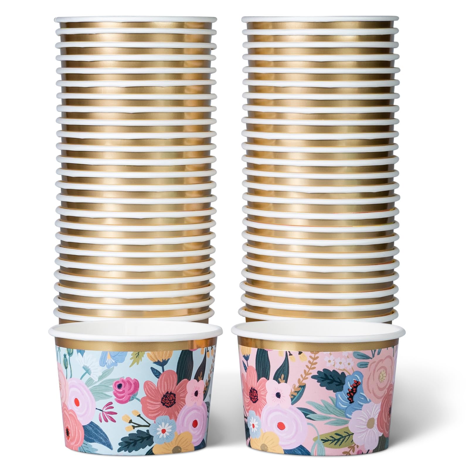 Lot de 50 Pots Glace 266 ml et Coupelles Jetables – Bols en Papier avec Motif Floral et Bord Doré – Pot à Glace Jetable, Coupell