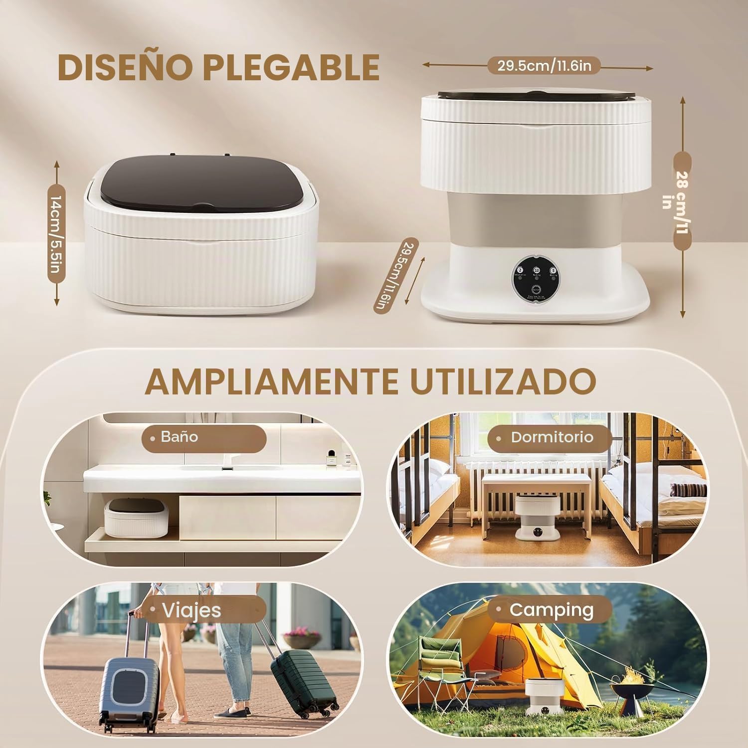 Mini lavadora, lavadora plegable de 11 litros con función de centrifugado, lavadora portátil de viaje, lavadora móvil para acampadas, viajes, estudiantes, autocaravanas (11L-Caqui)