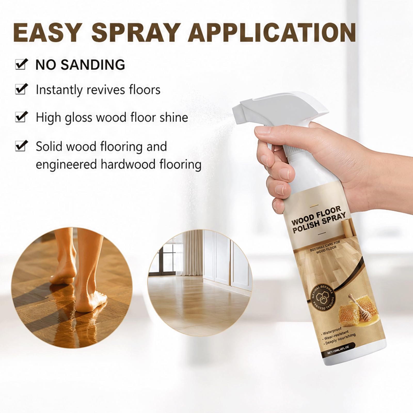 Limpiador de pulido restaurador de pisos de madera de cera de abejas natural-Secado rápido, sin pulido de lijado, restaura rápidamente el brillo natural, (5 piezas)