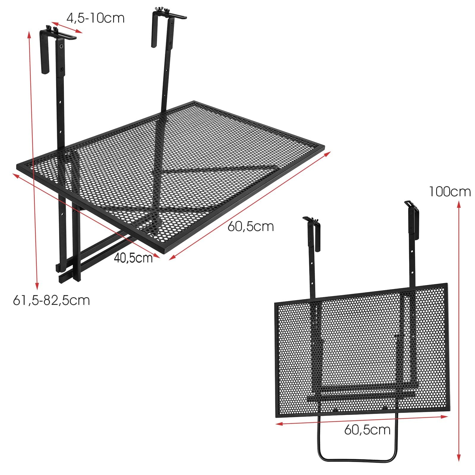 FANTASK Table Suspendue de Balcon Pliante en métal rectangulaire - Capacité de Charge : 20 kg - 60,5 x 40,5 cm - Noir