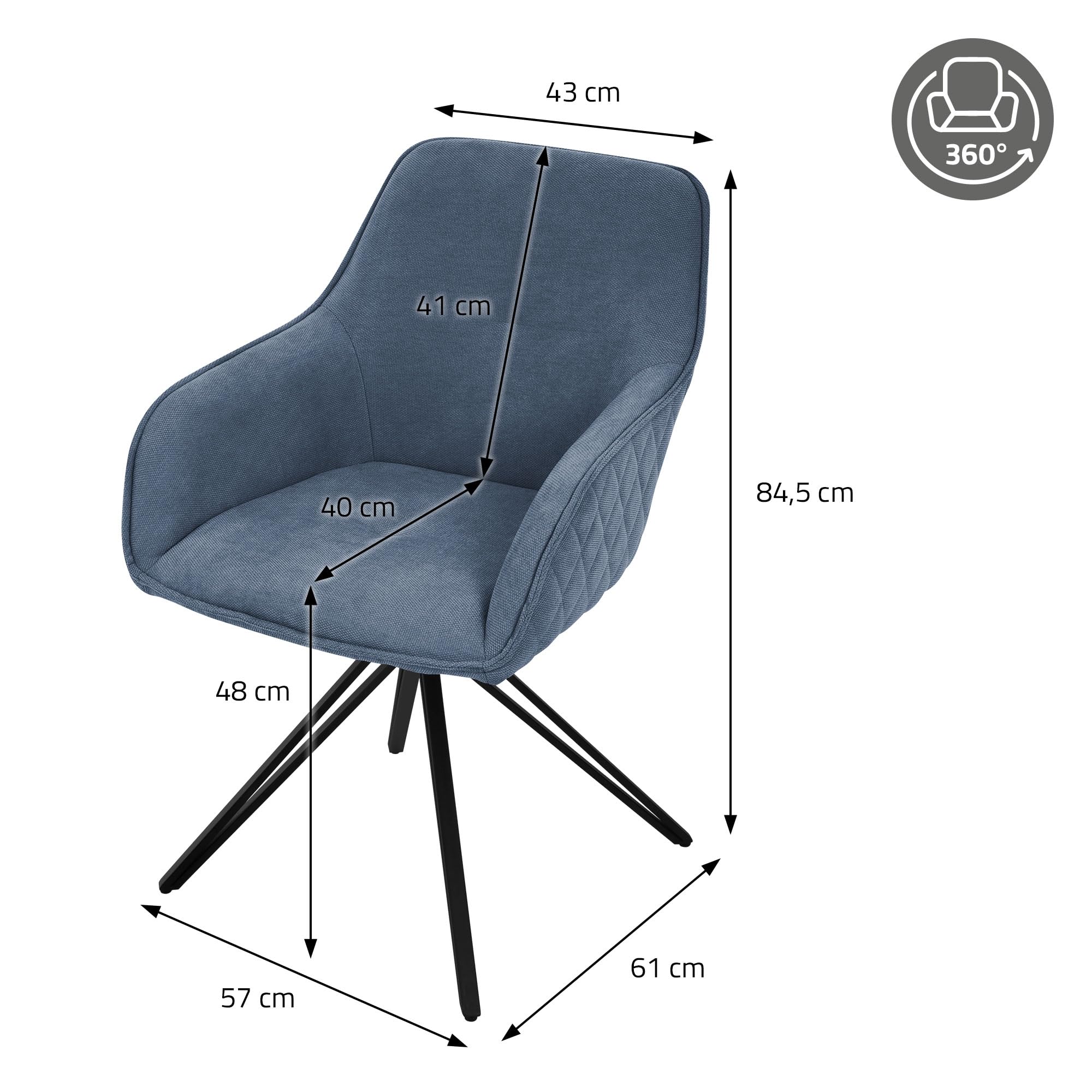 ML-Design Silla de Comedor Giratoria con Respaldo y Reposabrazos Asiento Azul de Tela Tejida Tapizado con Patas de Metal Sillón Diseño Ergonómico Moderno para Salón, Escritorio o Cocina