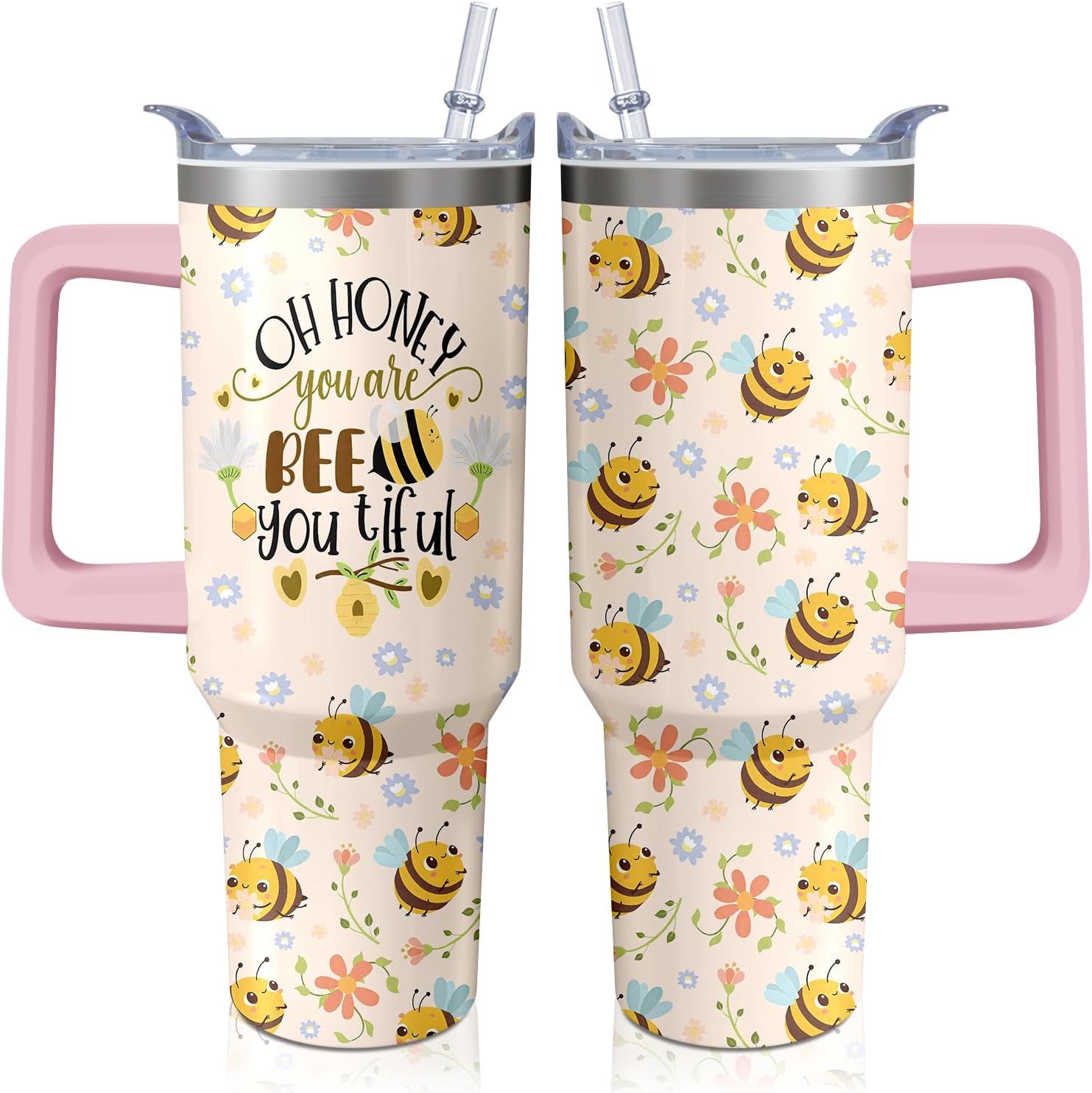 Bee Tumbler with Handle and Straw, 40oz Pink Travel Coffee Mug Water Bottle with Lid, Stainless Steel Insulated Cup, Birthday Gifts for Women Animal Lovers