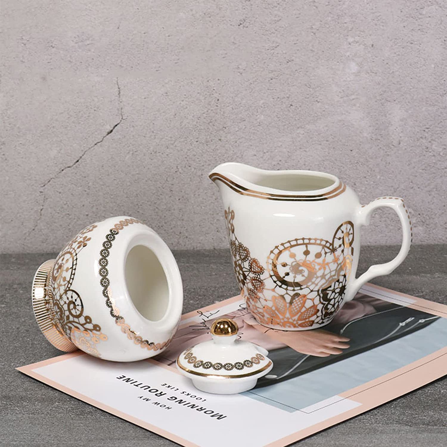 Ceramiczna cukiernica i zestaw śmietanki z dzbankiem na mleko, zestaw do serwowania kawy, dzbanek do kremu, do dekoracji domu i kuchni