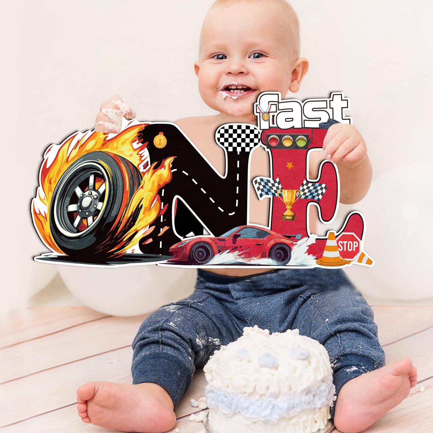Race Car Party Decorations,One Sign for First Birthday Party,Race Car Theme Birthday Decoration,Boy Girl Race Car 1st Birthday Decorations Photo Props