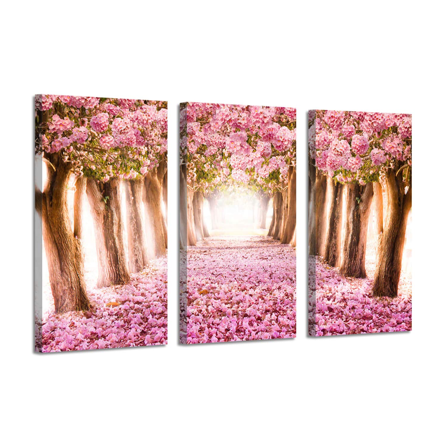 Landscape Canvas Forest Wall Art Tree Path Pictures with Pink Bloom