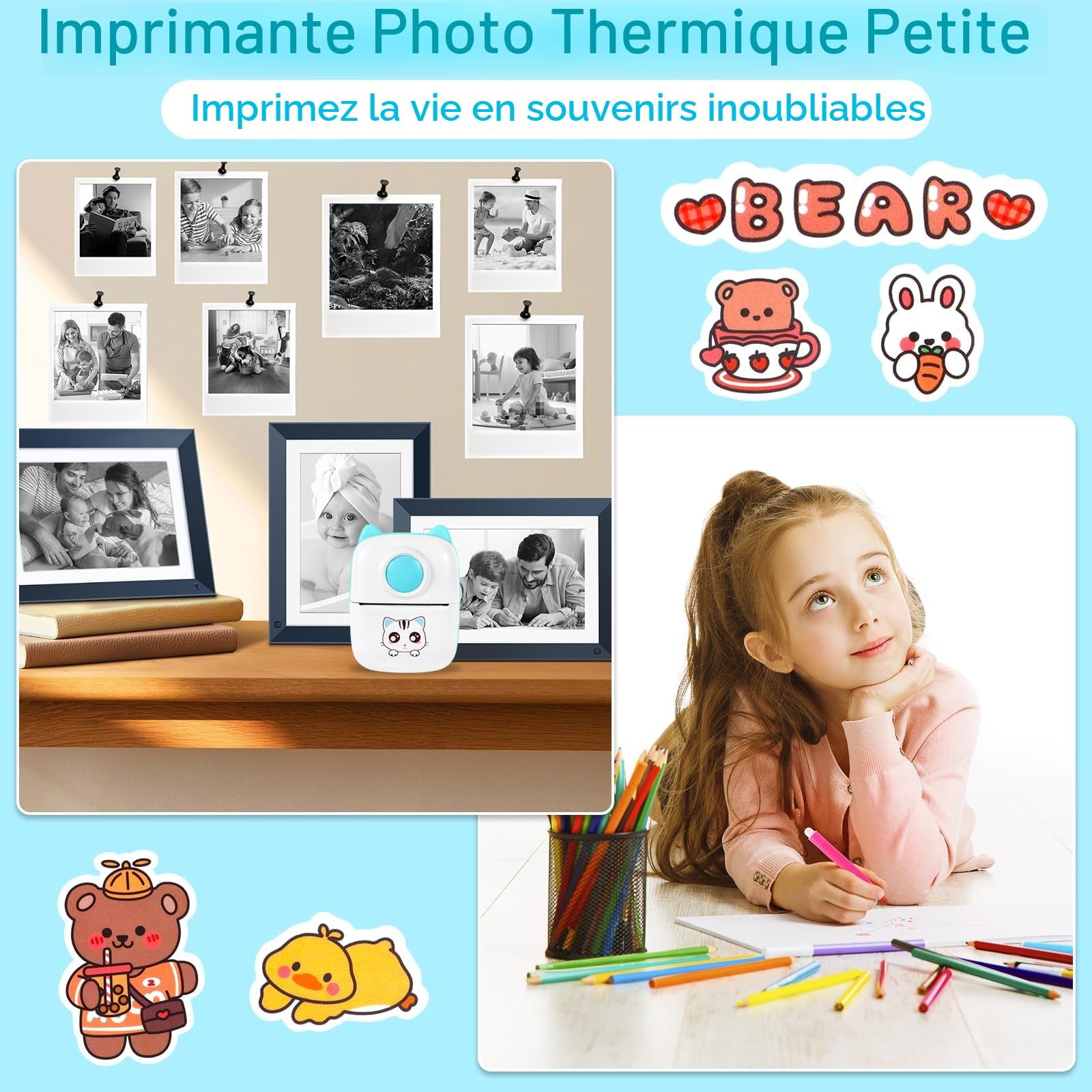 Mini Imprimante - Mini Imprimante Autocollant, Imprimante Photo Portable, Imprimante Thermique, Noir et Blanc Autocollant Maker pour Les étudiants, Cadeau de Noël, pour iOS & Android