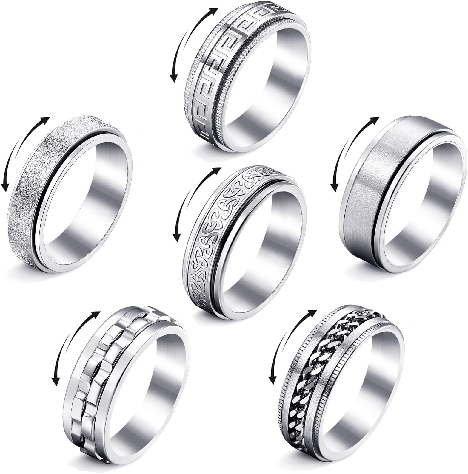Fidget Rings for Anxiety 4-6pcs Stainless Steel Rings for Men Fidget Ring Black Anxiety Spinner Ring Set for Women Men