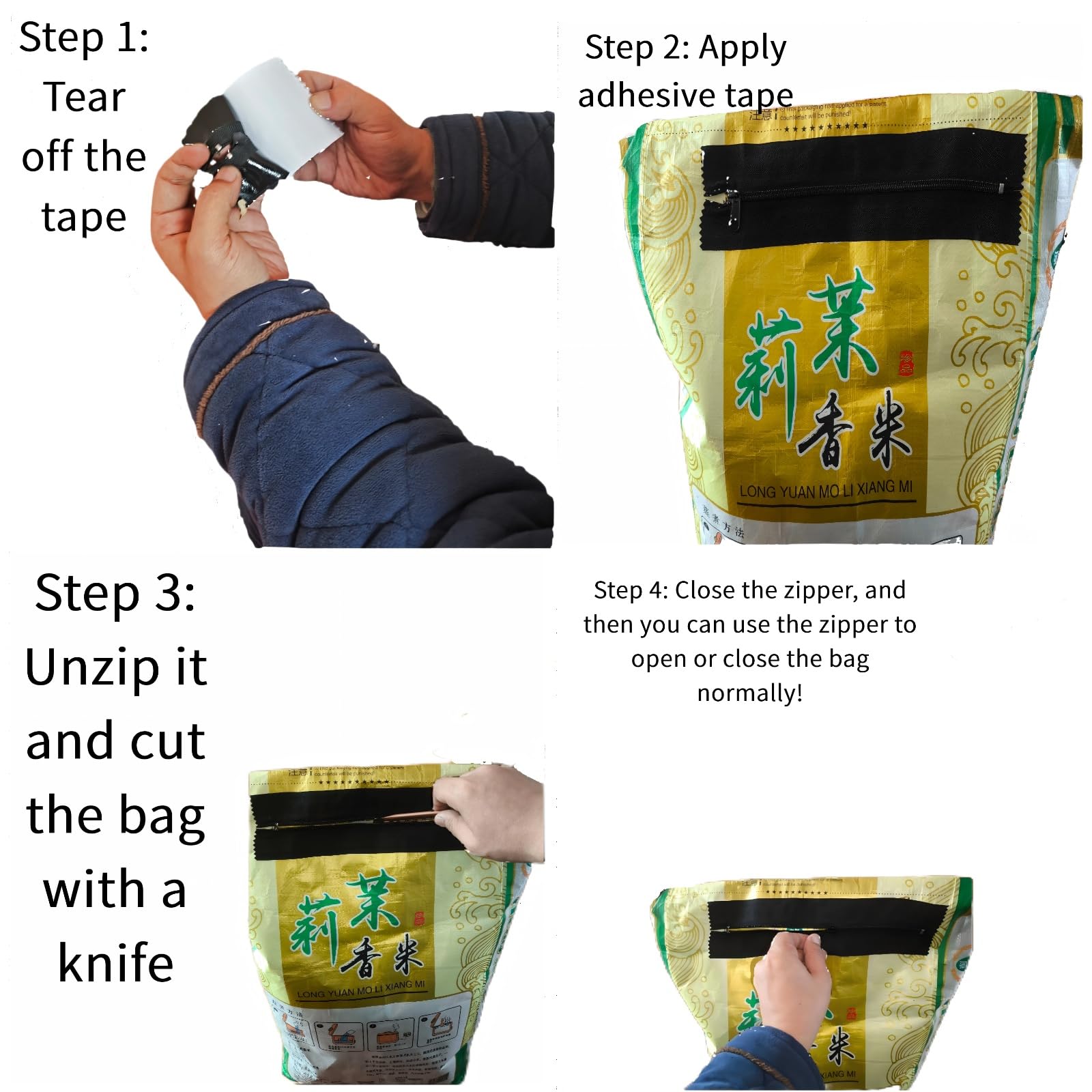 Multi-Functional Adhesive Zipper 2-Pack - Self-Sealing Zipper for Dog Food Bags, Cat Food Bags, Rice Storage, Flour Bags - Easy Open & Store, Waterproof & Airtight (25cm x 4cm)