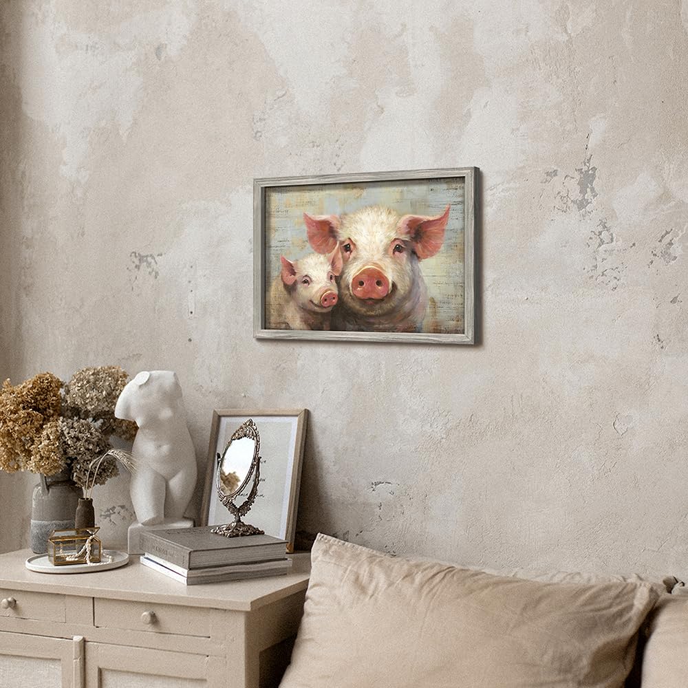イギリス購入★木製額入り絵 PIG & SHEEP Amazon.com: Farm Pig Wooden Framed Decor: Rustic Farmhouse Animal