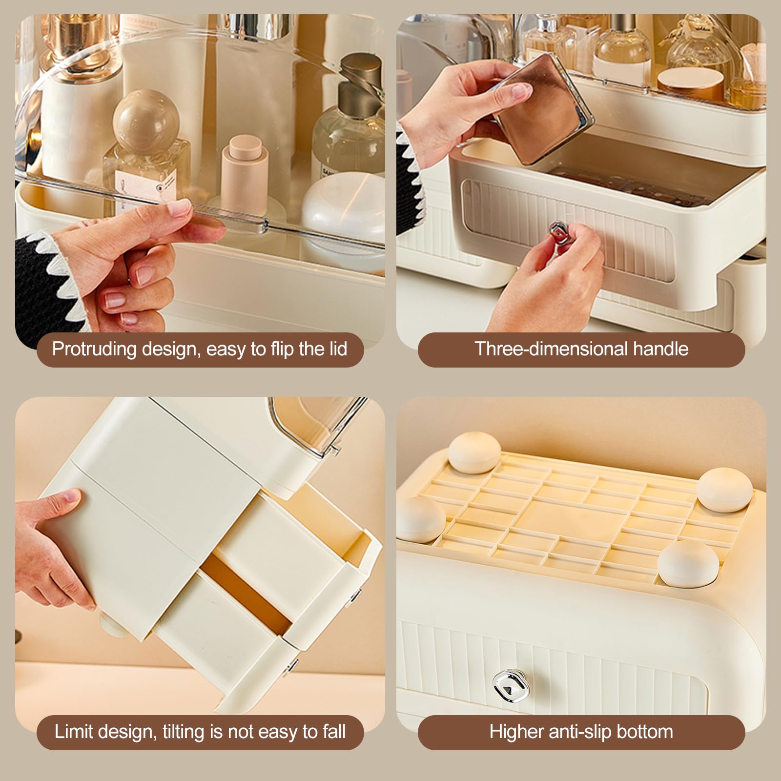 Galatée Creme-Stil Tragbare Make Up Organizer mehrschichtig Kosmetikbox Kosmetische Aufbewahrungs Box Mit Staubdichtem Deckel, Beauty Organizer Lippenstiftbox - Cremeweiß