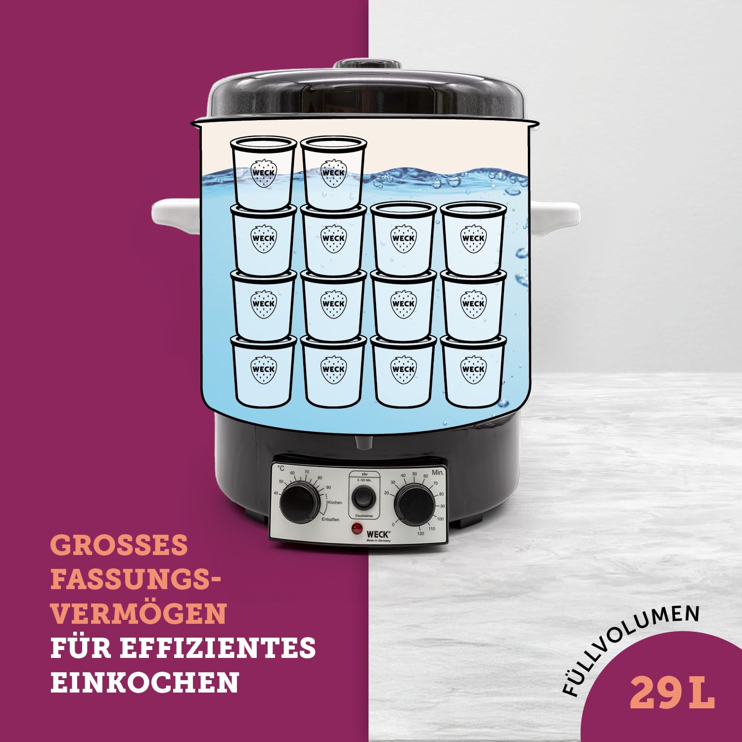 WECK Einkochautomat WAT15-A Emaille mit Präzisionsthermostat, Auslaufhahn & Zeitschaltuhr – 29L Einkochtopf, Glühweinkocher, Dampfentsafter, Einweckautomat – Made in Germany