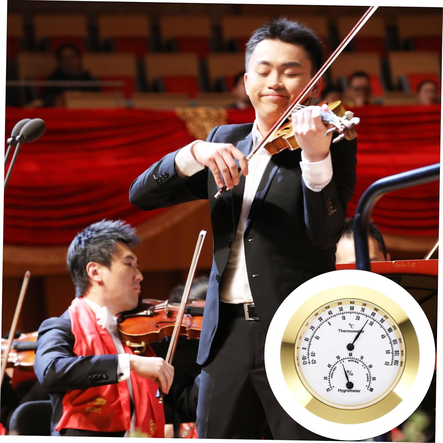 Golden Alloy Violin Hygrometer with Display for Guitar Care | Temperature and Humidity Measurement, Compact Instrument Tool, Storage and Care Use, Delicate Appearance