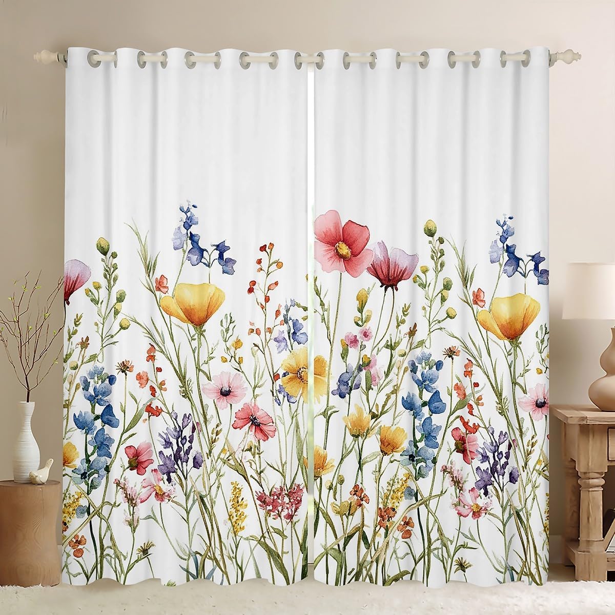 Erosebridal Spring Flower Curtains & Drapes, Floral Botanical Curtains Natural Wildflower Blackout Curtain 2 Panels 38" Wx45 L,Rustic Minimalist Window Treatments for Kids Teens Adult Women Bedroom