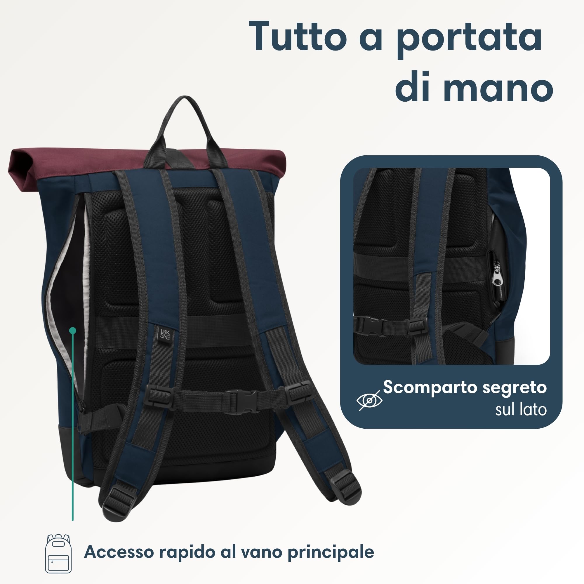 LARKSON Zaino Donna & Uomo Blu Rosso - Janne Small - Zaino roll-top con Scomparto per Laptop per Università, Lavoro, Viaggi e Bicicletta - Zainetto Piccolo - Idrorepellente