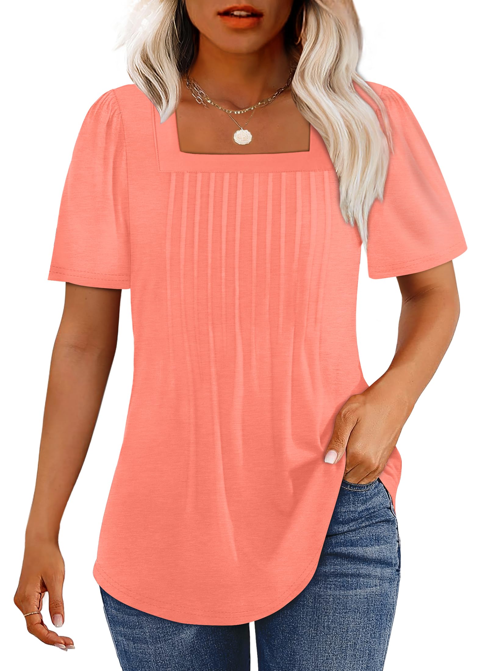 OFEEFAN T Shirts for Women Pleated Square Neck Dressy Casual Blouses Puff Short Sleeve Summer Tops Loose Fit