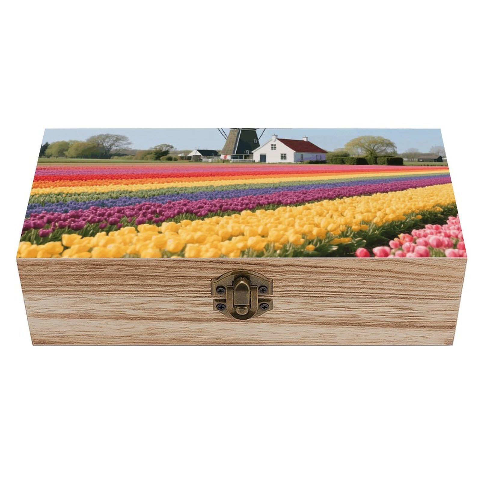 Tulip Rainbow Field Wooden Keepsake Box Storage Boxes with Hinged Lid