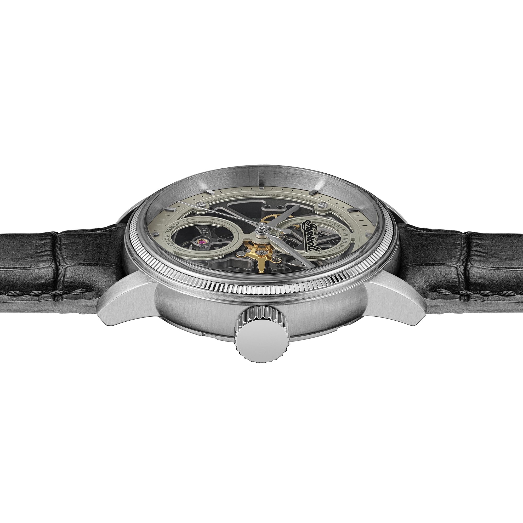 Ingersoll The Guy I17501 męski automatyczny zegarek 44 mm z szarą tarczą i czarnym skórzanym paskiem