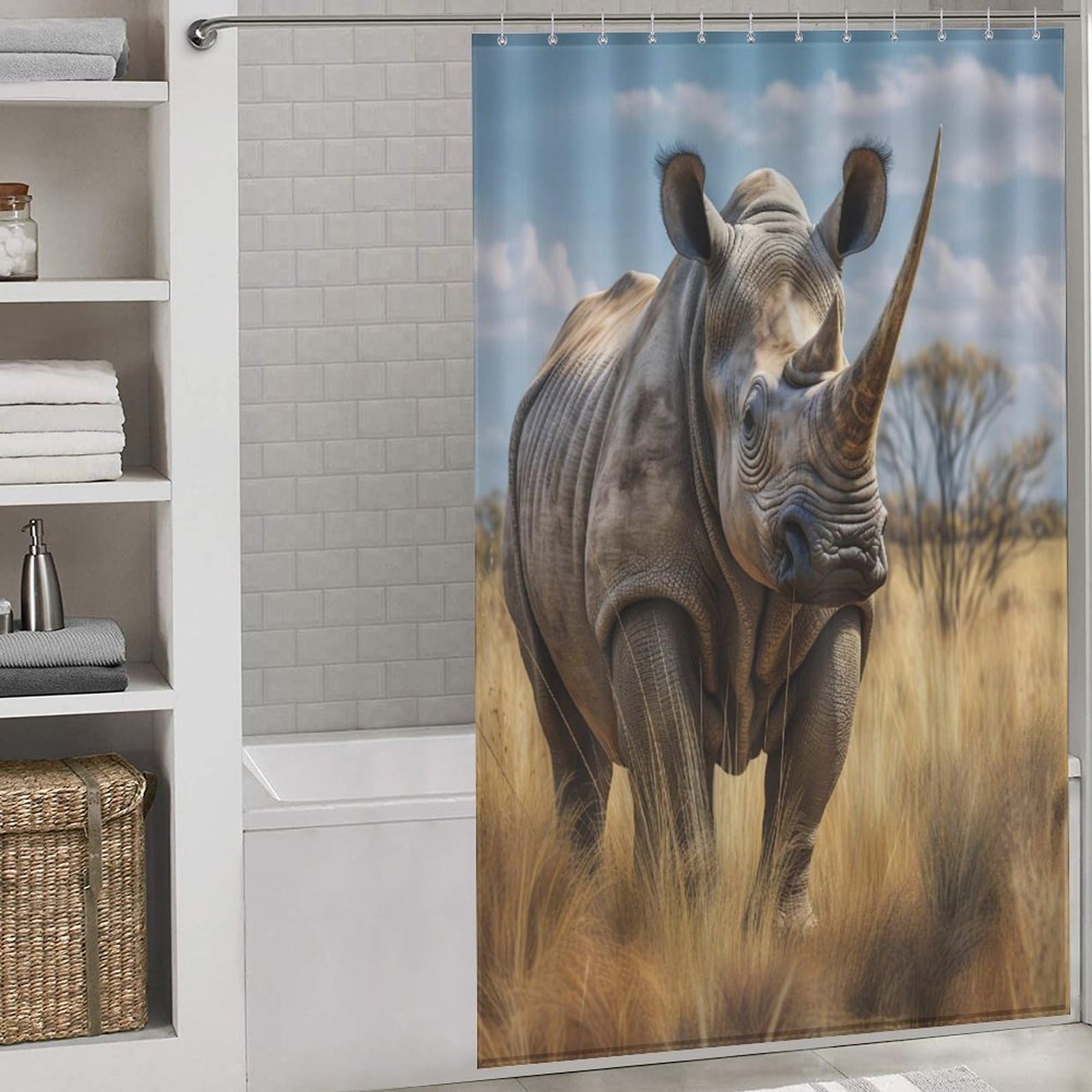 Rideau de douche rhinocéros en tissu polyester lavable et imperméable de 140x183 cm pour baignoire