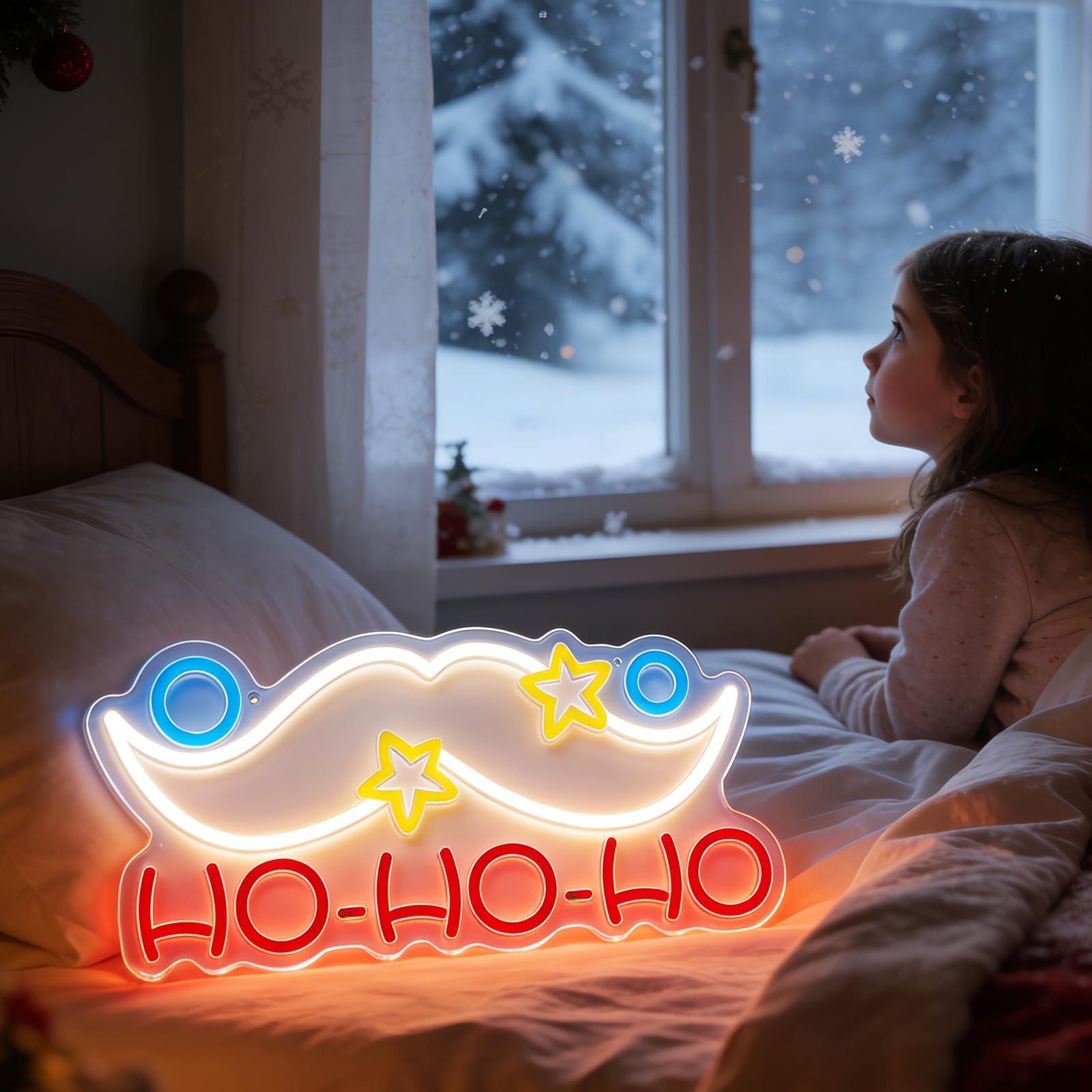 HO-HO-HO neonowy znak LED, zasilany przez USB, bożonarodzeniowa lampa z brodą Świętego Mikołaja, montowana na ścianie, dekoracja bożonarodzeniowa, świąteczna impreza, dekoracyjne światło z prezentem