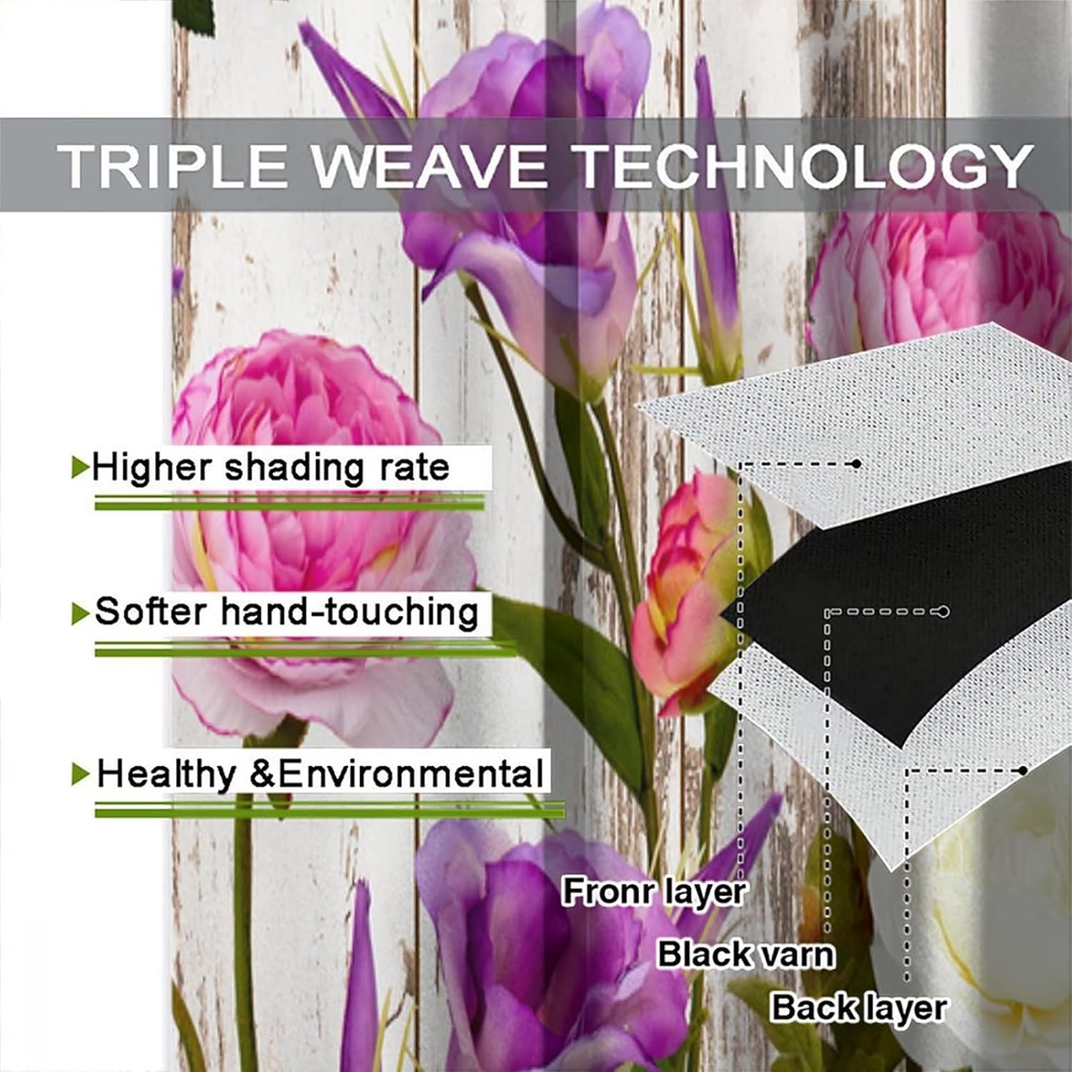 Rustic Farmhouse Pink Floral Kitchen Curtains Purple Flower Spring Plant Country Wooden Pattern Printed Curtains for Bedroom Living Room Café Window Drapes 2 Panels Set,Total Size 42" x 45"