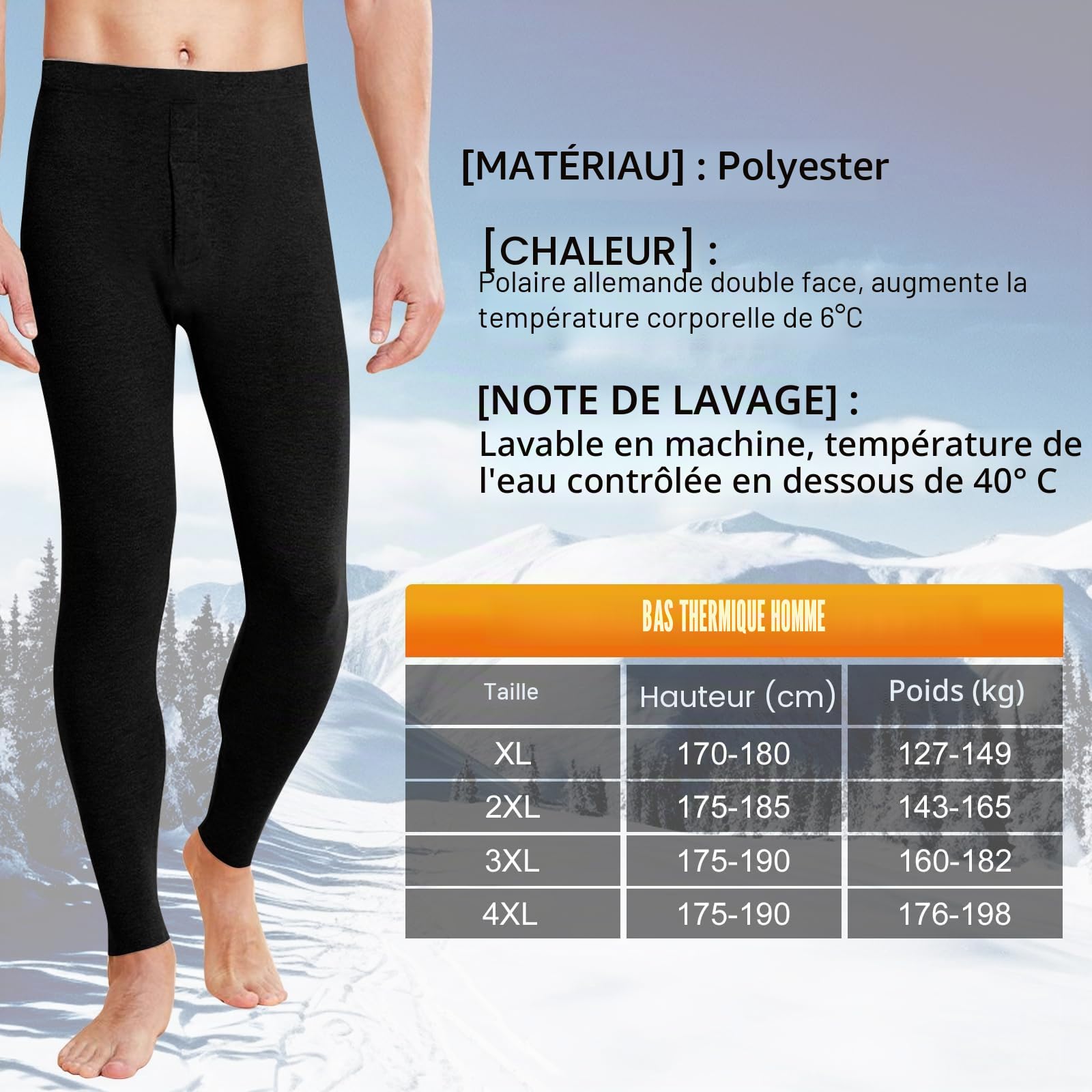 Caleçon long pour homme, en polaire, thermique, sous-vêtement thermique, long, pantalon thermique pour l'hiver