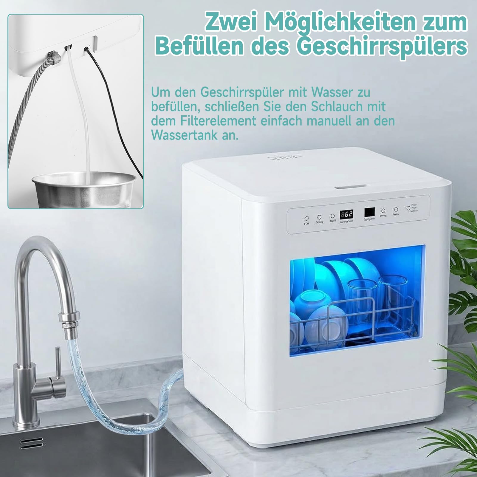 Mini-Geschirrspüler, 6 Programme, 8 Gedecke, 5 Liter Wasser, für Familienküchen