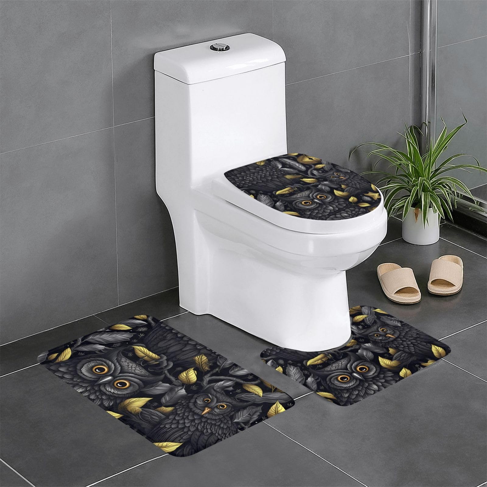 Tapis de salle de bain hiboux noirs au design soigné de 61 x 40,6 cm pour meuble-lavabo