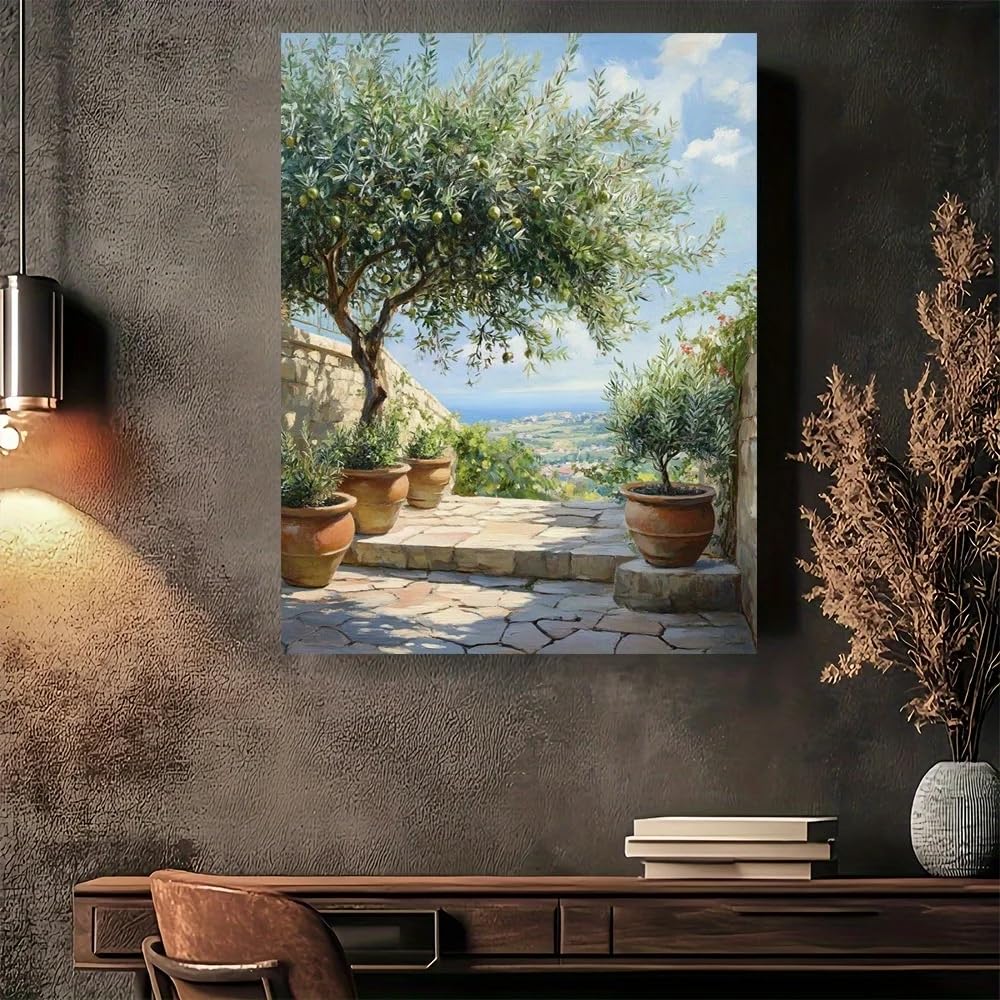 SDVIB Olive Tree Garden Coastal Scene Canvas Wall Art - Modern Vintage Mediterranean Style Printed Poster for Home Decor(50x70cm/Frameless)