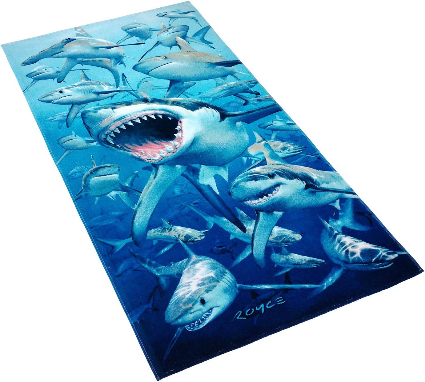 Kaufman - Printed Beach Towels, 100% Soft, Plush Absorbent Cotton Velour, Large Size 30'' x 60'', Quick Dry, Printed Beach, Pool and Bath Towel, Set of Two Towels, 2-PK (Hungry Sharks)