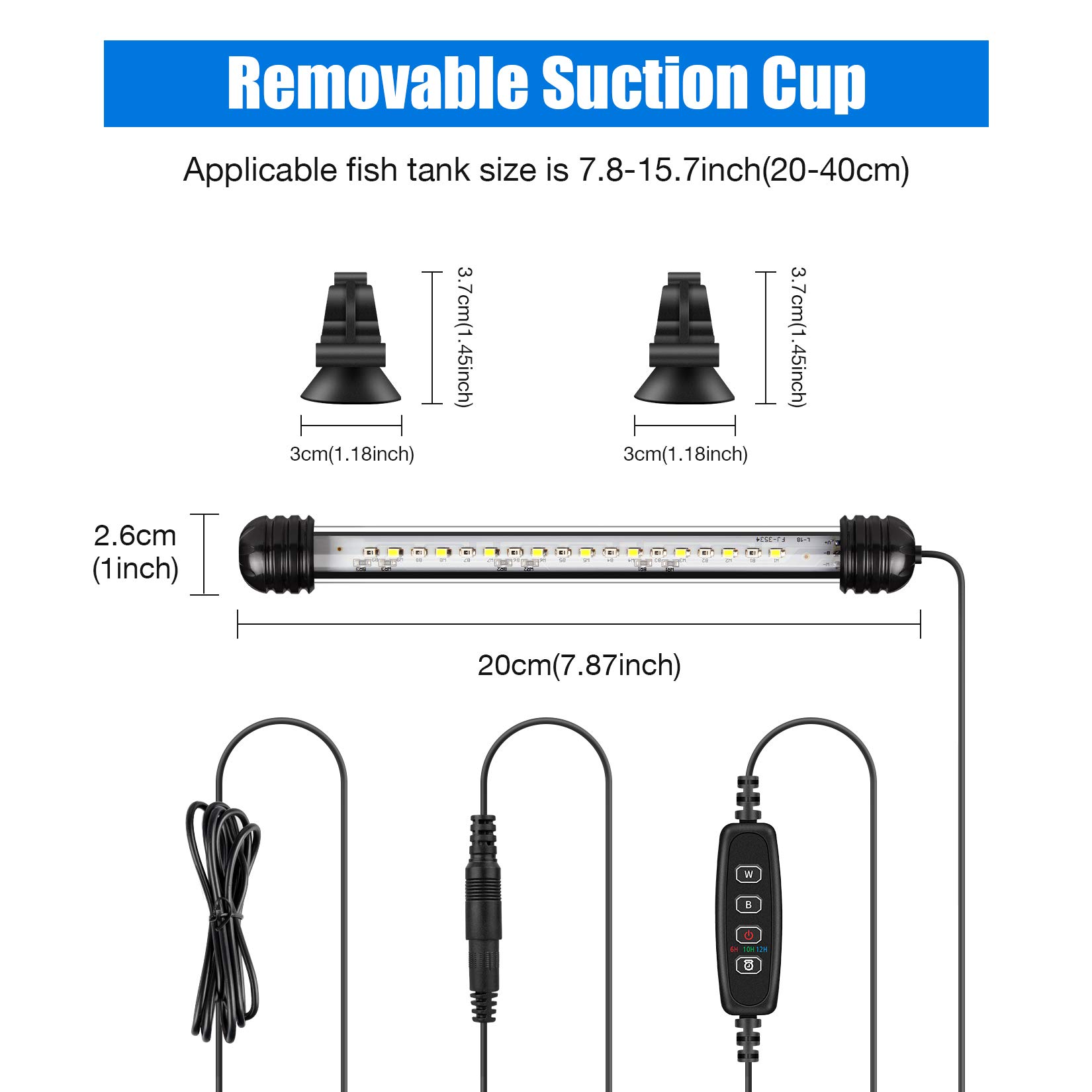 LED Lampe Aquarium, Lampe d'aquarium Submersible avec Minuterie arrêt Automatique, éclairage LED Bleu et Blanc Changeant de Couleur pour Aquariums de 20–40cm (19cm)