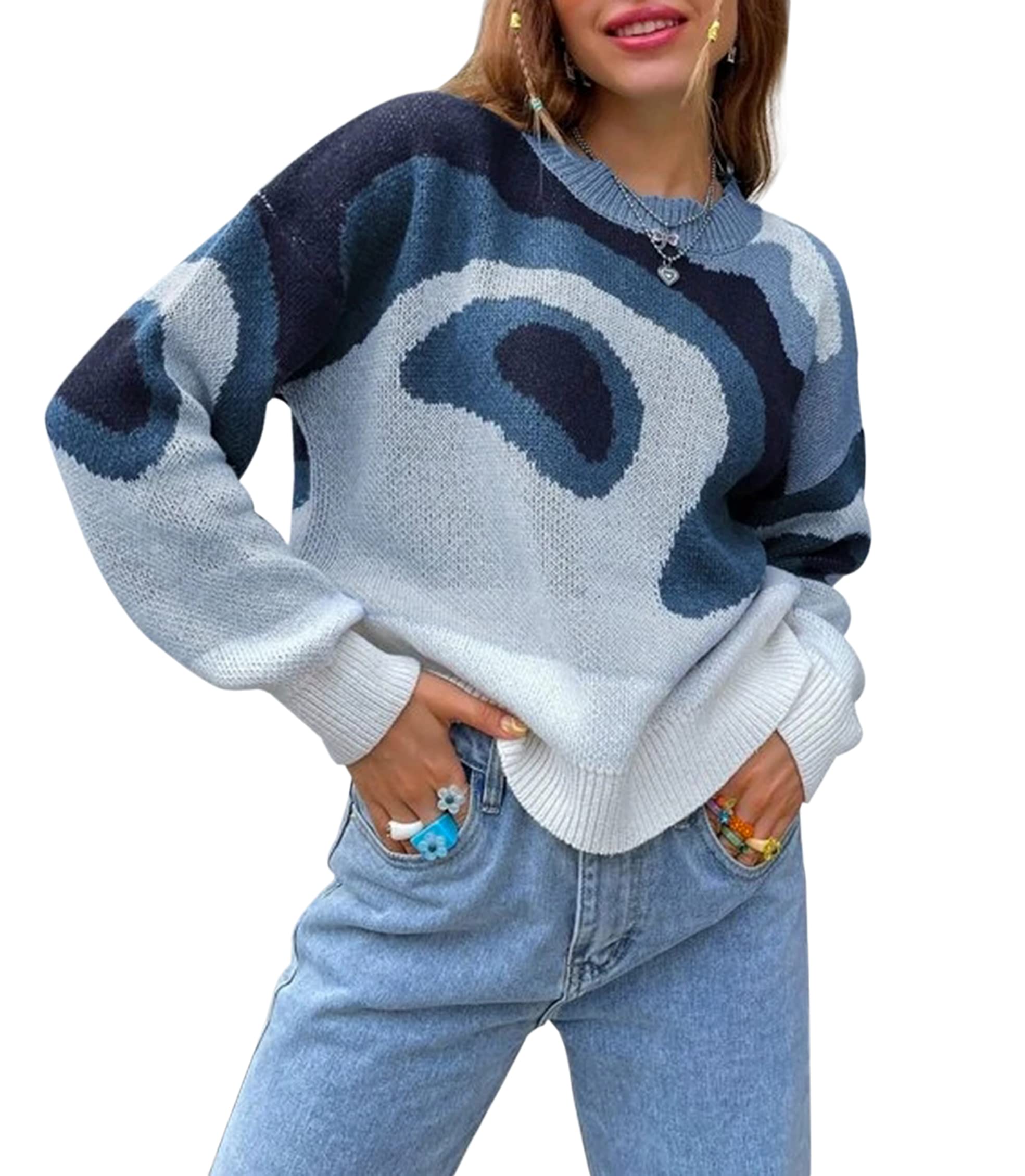 MISSACTIVER Women Casual Knitted Mock Neck Sweater Print Colorblock Long Sleeve Loose Fit Pullover Knitwear