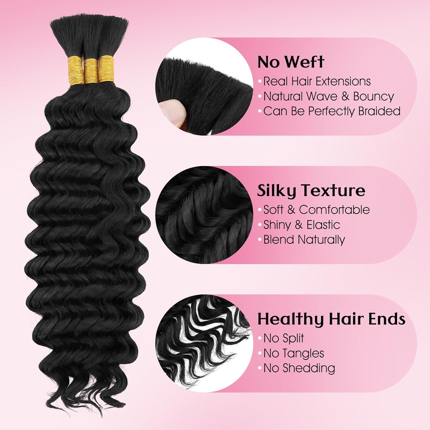 Hairro Real Braiding Hair Wavy for Boho Braids, No Weft Bulk Curly Bohemian Braided Hair Extensions Wet and Wavy for Women, 1 Bundle 18 Inch 50g Deep Wave Natural Black
