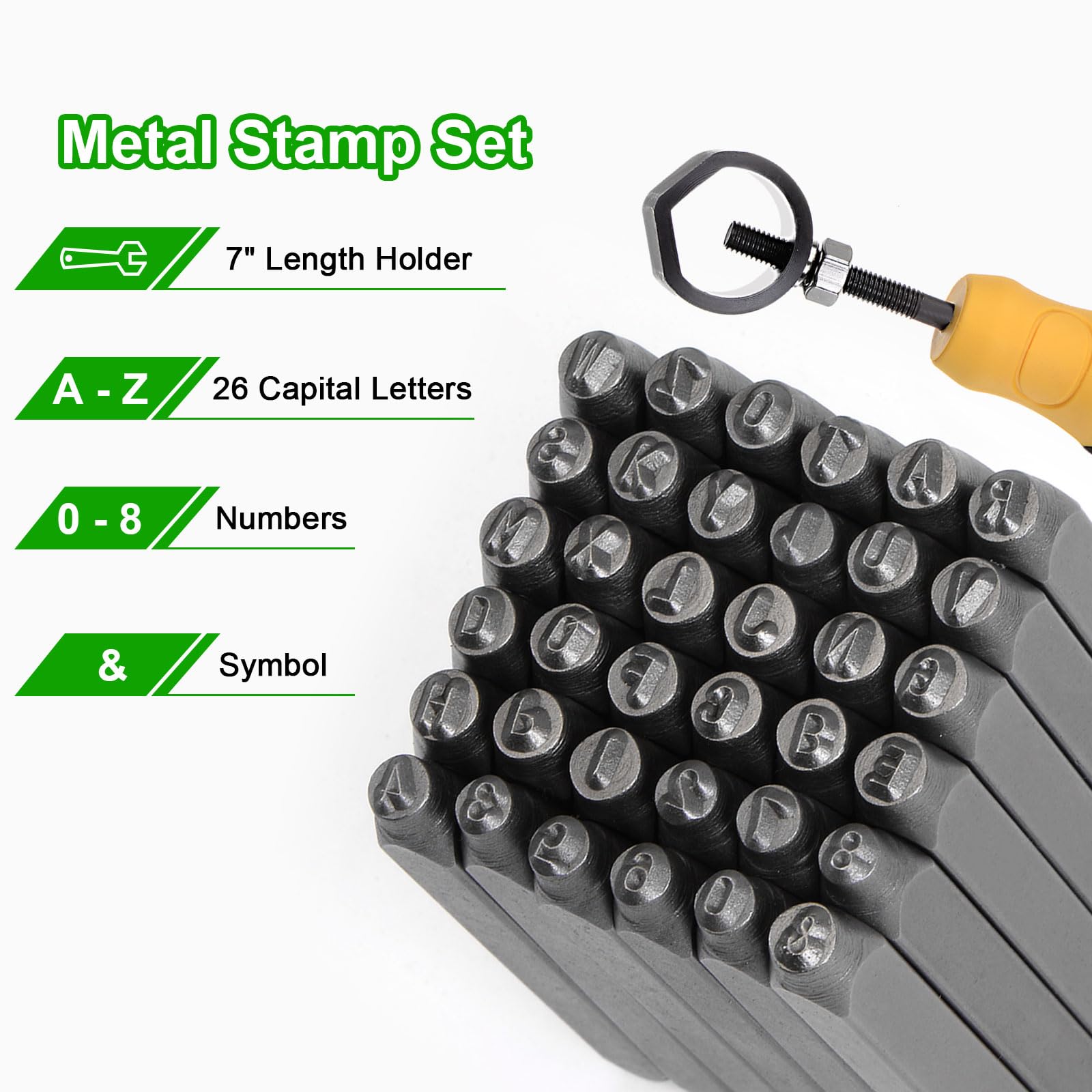 QUARKZMAN 36pz Metallo Stampaggio Kit 25/64" (10mm) (AZ, 0-8,"&" Simbolo) Acciaio Lettera Pugno Premere Utensile con Supporto per Stampa su Metallo, Plastica, Legno, Pelle, Argento