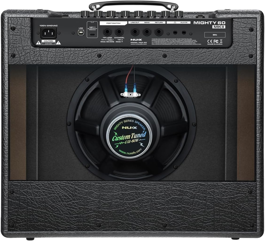 Rear view of the NUX Mighty 60 MKII guitar amplifier showing connections and speaker