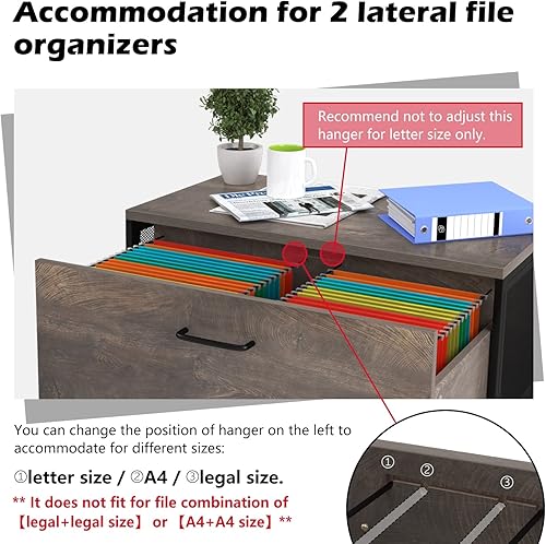 Miniatura 4 de TOPSKY Archivador lateral de madera con 2 cajones para tamaño cartaA4archivo legal, extensión completa, cierre suave, diapositiva oculta (gris