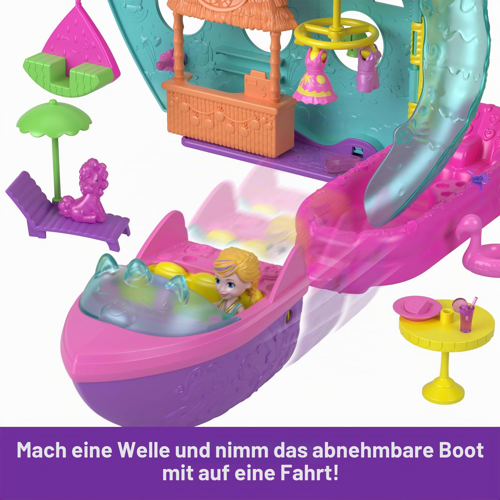 Polly Pocket Tragbares Boot-Spielset mit Wasserspiel und Farbwechsel-Zubehör, Einhorn-Traumkreuzfahrt enthält 1 Puppe und insgesamt 23 Teile