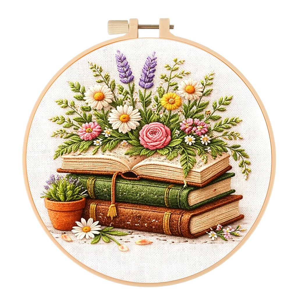 DIY Book & Floral Embroidery Starter Kit for Beginners, DIY Hand Embroidery Set with Pre Printed Pattern Hoop Threads and Tools, Vintage Books Flower Needlework Craft Kit for Home Decor and Gift-image-38