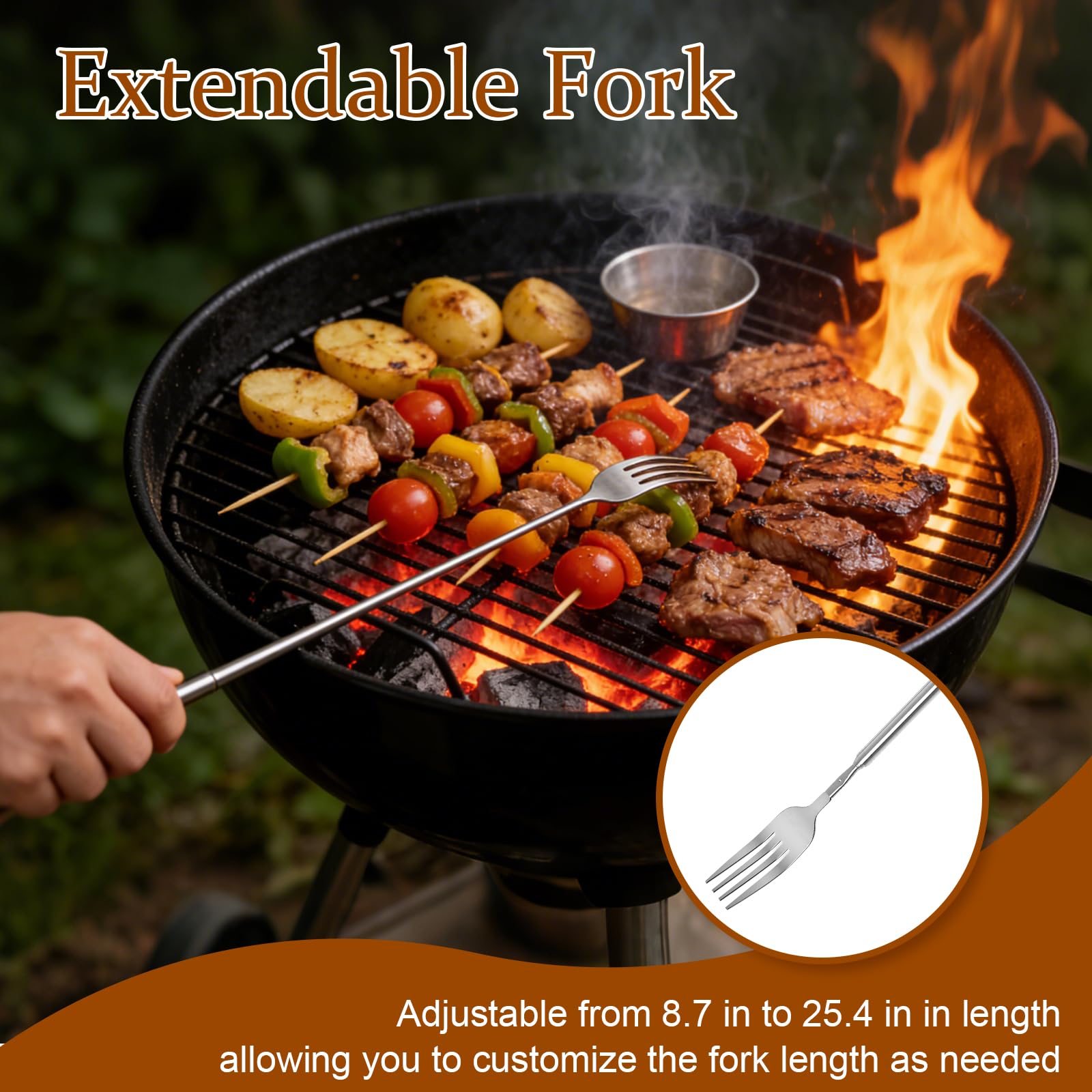 Ninsula Extendable Fork 2 PCS, Stainless Steel Long Fork 8.7 to 25.4 Inch, Extending Fork for Jokes, Fruit, Dinner, Dessert, BBQ (Silver) — Amazon image 4