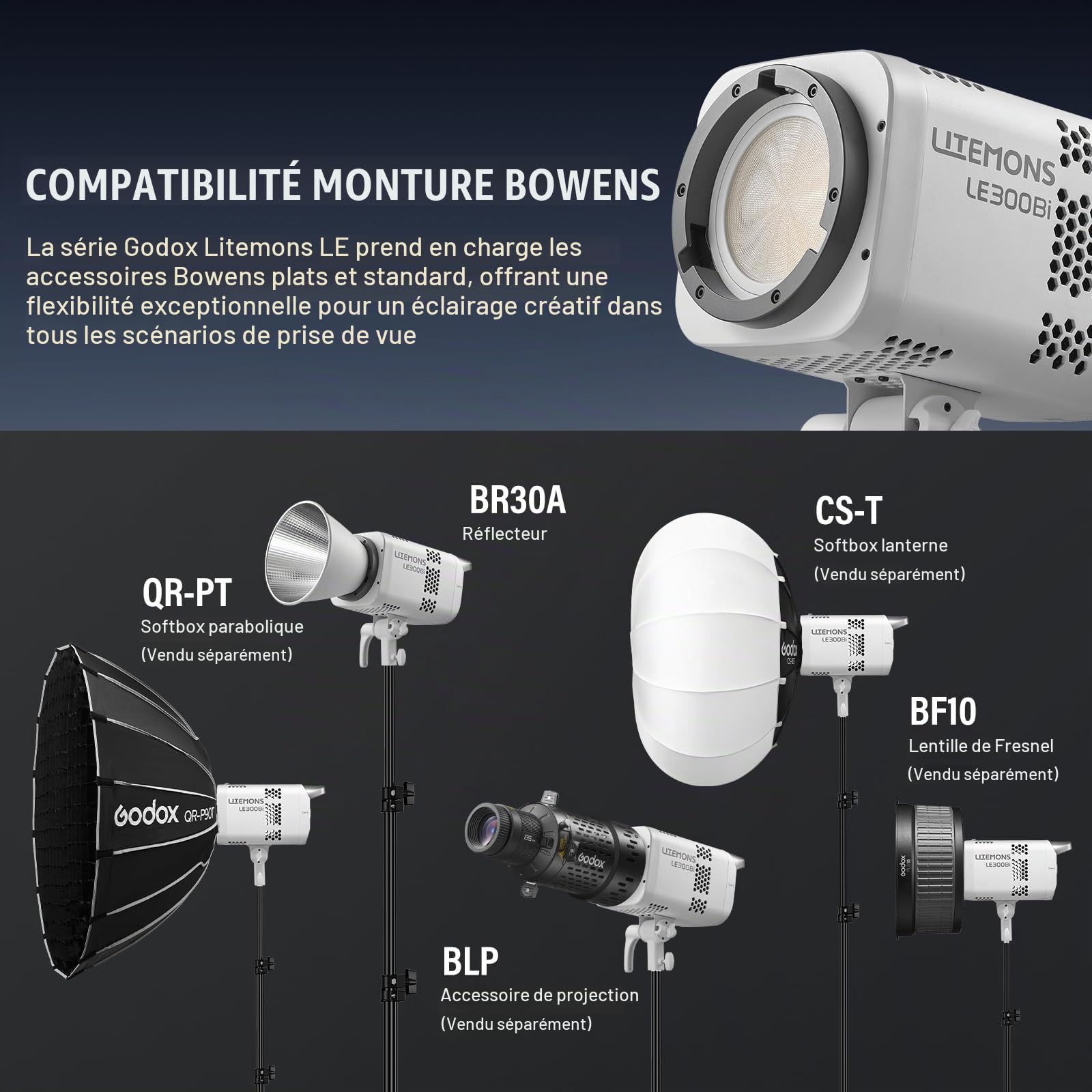 Godox Litemons LE300Bi LE300 Bi Éclairage Continu LED Video Light 320W 2800K~6500K 58900 Lux/1m TLCI/CRI≈98 Contrôle Bluetooth 11 Effets FX Monture Bowens Éclairage Vidéo pour Vlogging,Youtube(Blanc