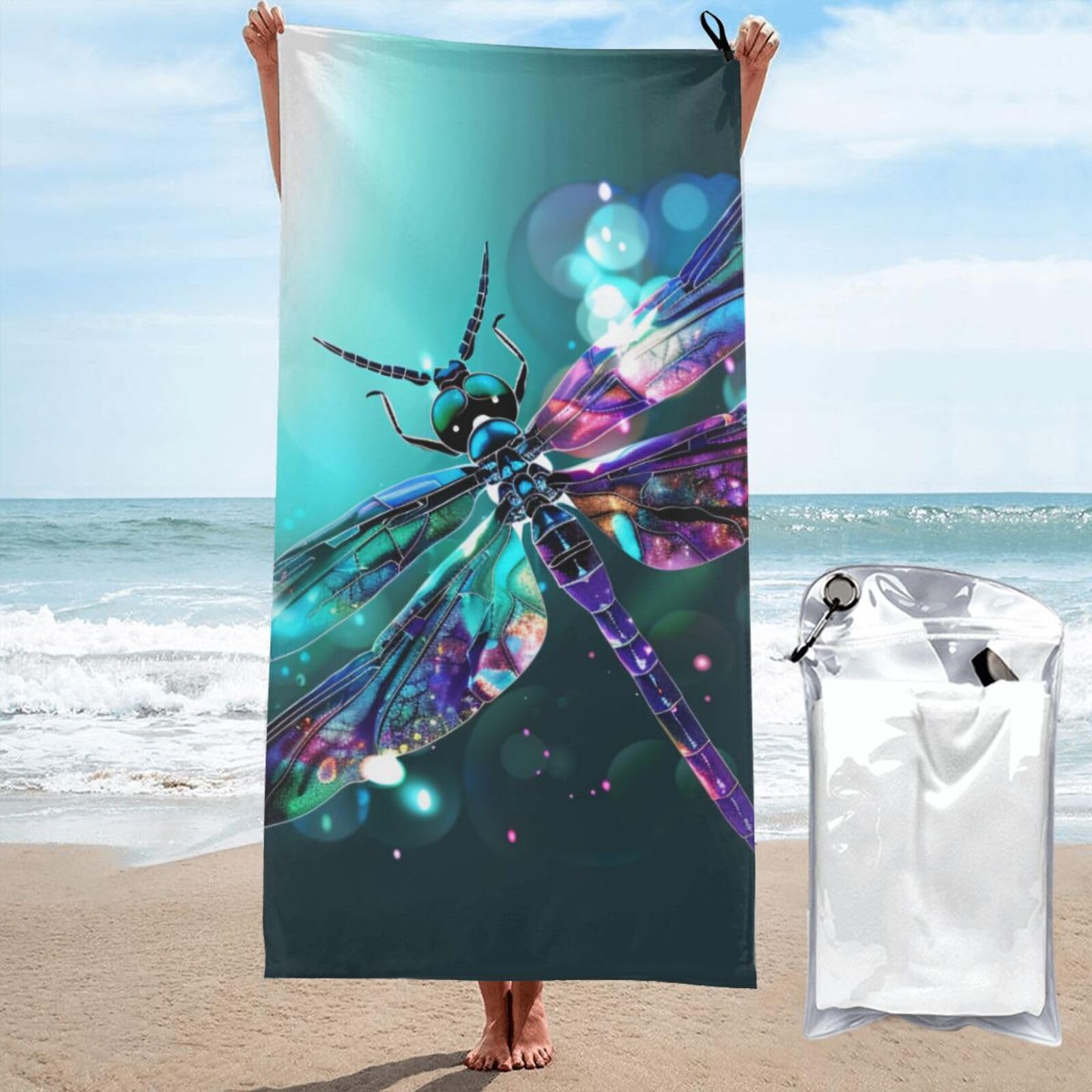 BWWHCCTI Galaxy Animal Dragonfly Printed Microfiber Quick Dry Beach Towel 80x160 CM, Fast Drying Bath Towels with Bags for Travel,Camping,Gym,Beach,Swimming,Yoga