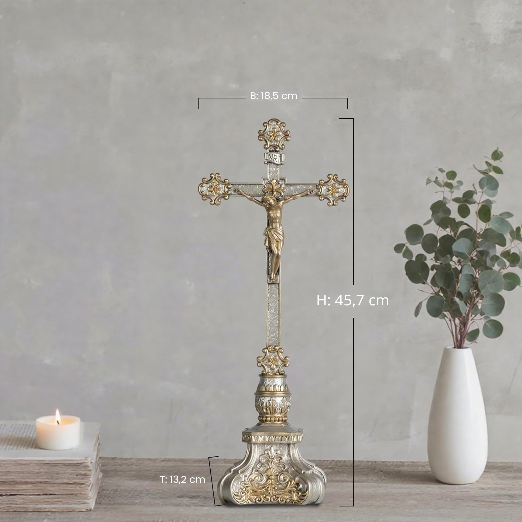 Grace4Joy Kruzifix-Ständer, 45,7 cm, stehendes Kruzifix, katholischer Tisch-Altar-Dekor, handbemaltes Jesuskreuz mit kunstvollem Sockel, antikes Heimdekor