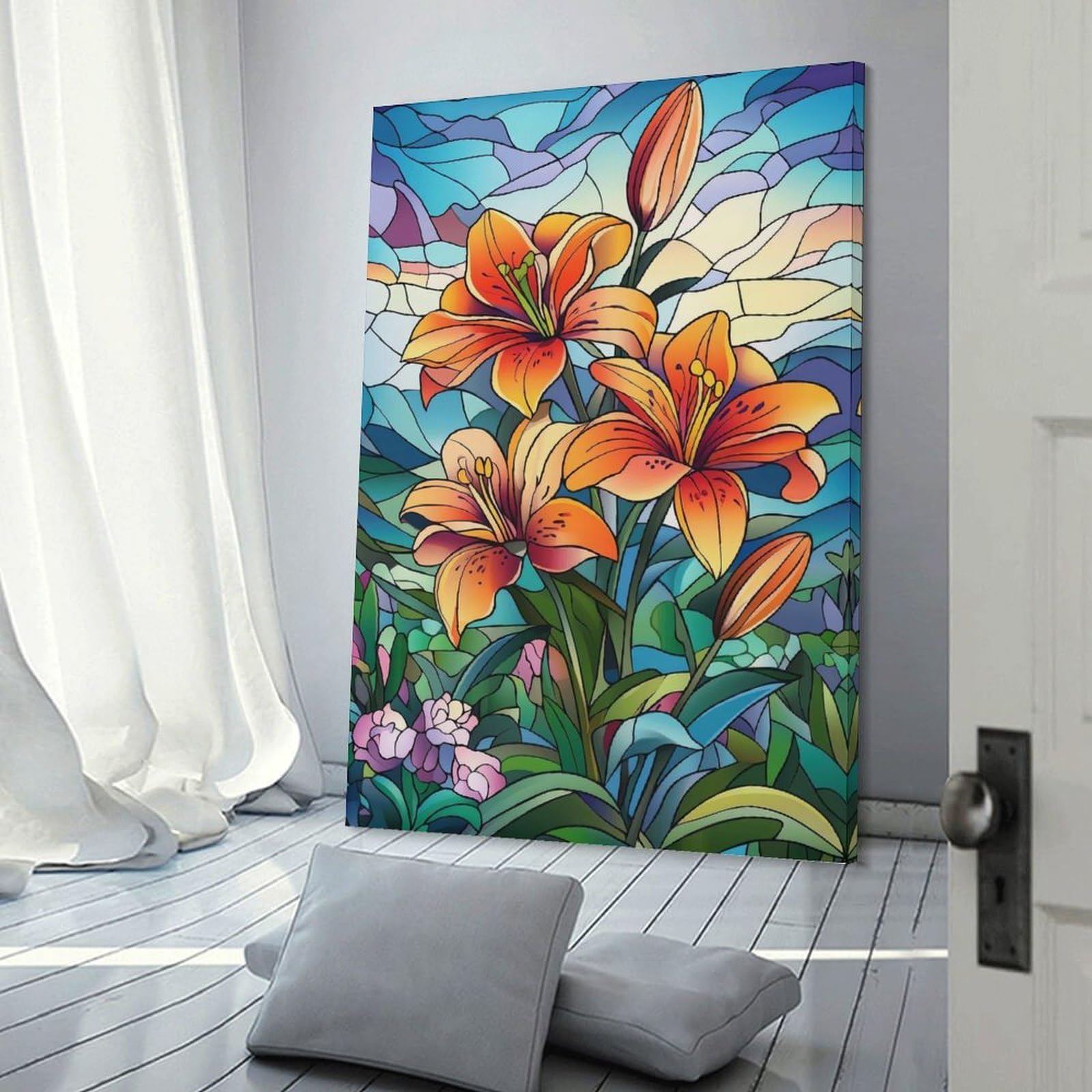 Junmoney Stained Glass Lilies Decorative Canvas Print 24x36inch(60x90cm), for Flats, Guest Rooms Or Compact Rooms, Home Artwork for Modern Interiors