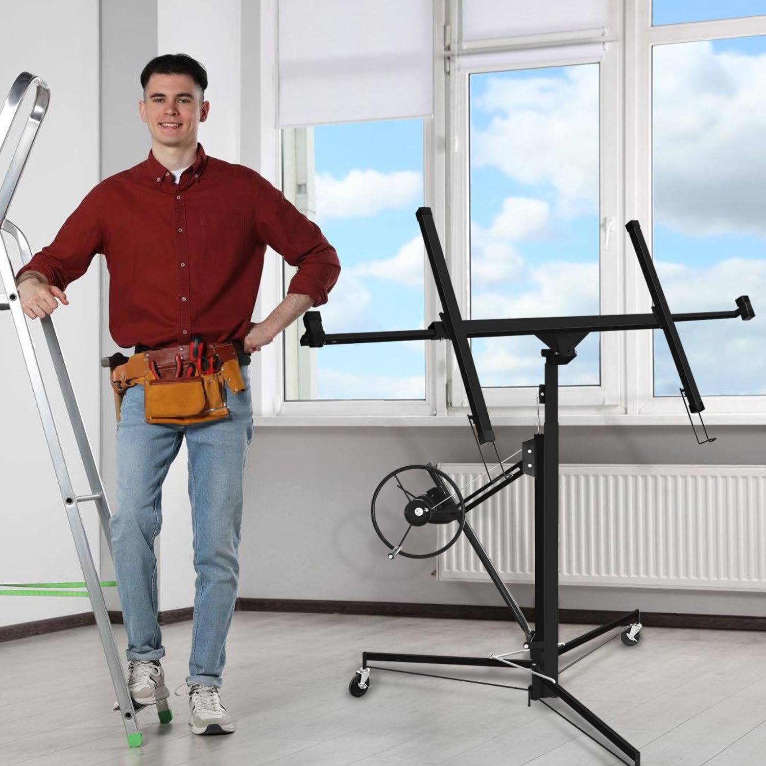 Plattenheber Klappbar XXL, 132–335 cm Arbeitshöhe Höhenverstellbar, 68 kg Traglast, max. 294 cm Lastarmbreite, Stabiler Profi-Plattenlift mit Rollen für Rigipsplatten & Trockenbau, Schwarz