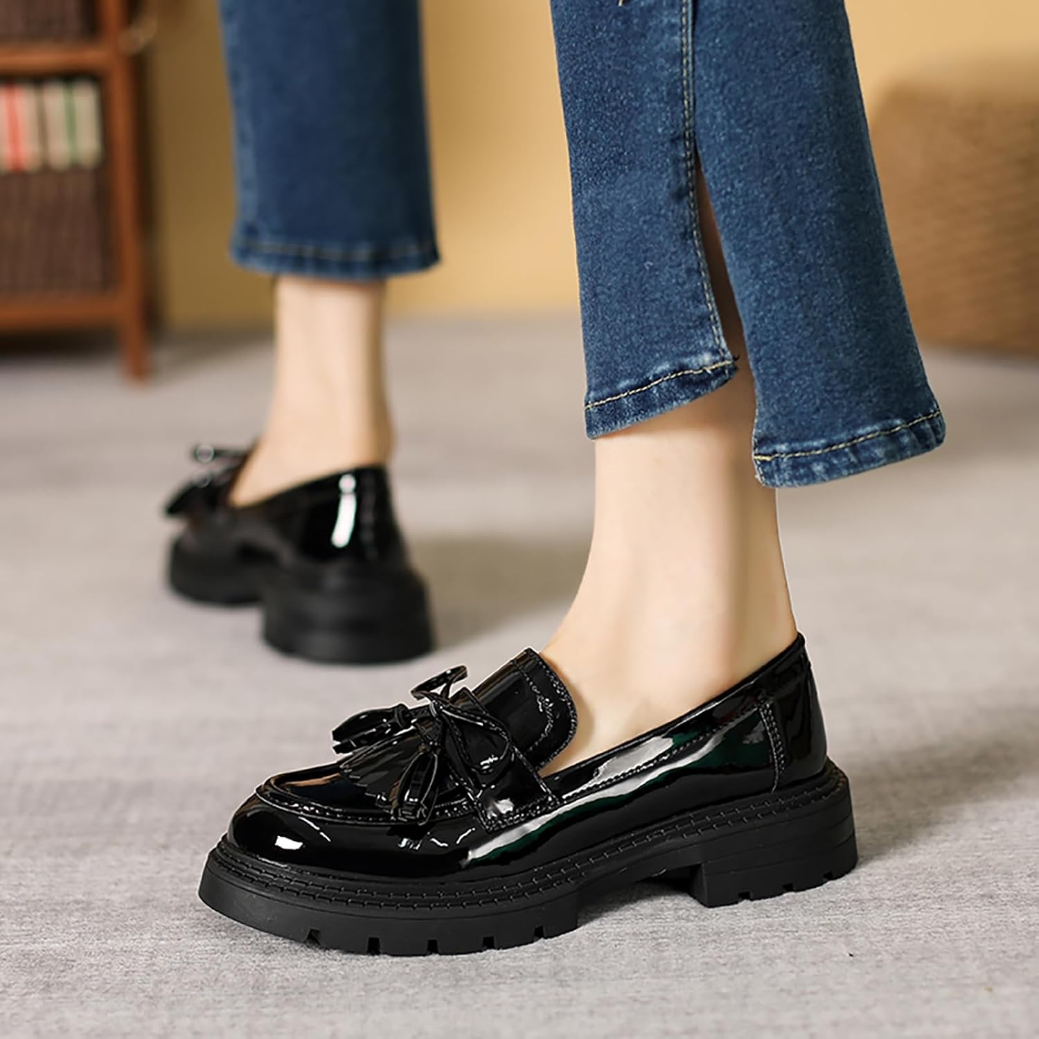 Women's Patent Leather Tassel Loafers Fashion Black Round Toe Slip-on Dress Shoes - Comfort Casual Simple for Daily Wear - Image 4