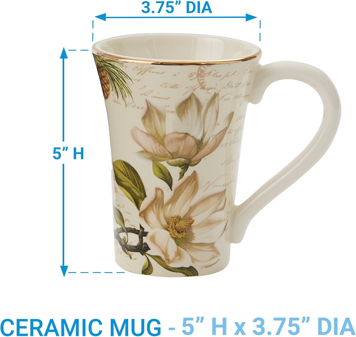 Park Designs Wintertime Mug Set of 4 | White Botanical Christmas Coffee Mugs with Gold Rim | 16 oz Dolomite Drinkware | Elegant Winter Kitchen Decor for Tea, Cocoa & Seasonal Farmhouse Tabletop