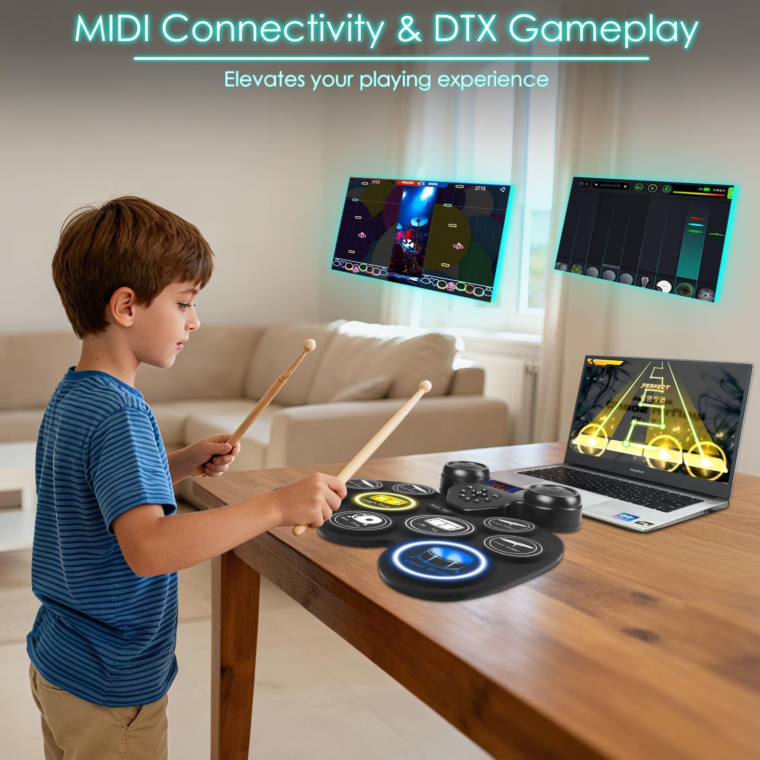 Electronic Drum Set with 7-Color LED Light Show on Strike, 9-Pad Electric Drums Set Bluetooth MIDI Support, Extra-thick Electric Drum Pads for Better Rebound, Perfect Christmas/Birthday Gift for Kids - Image 4