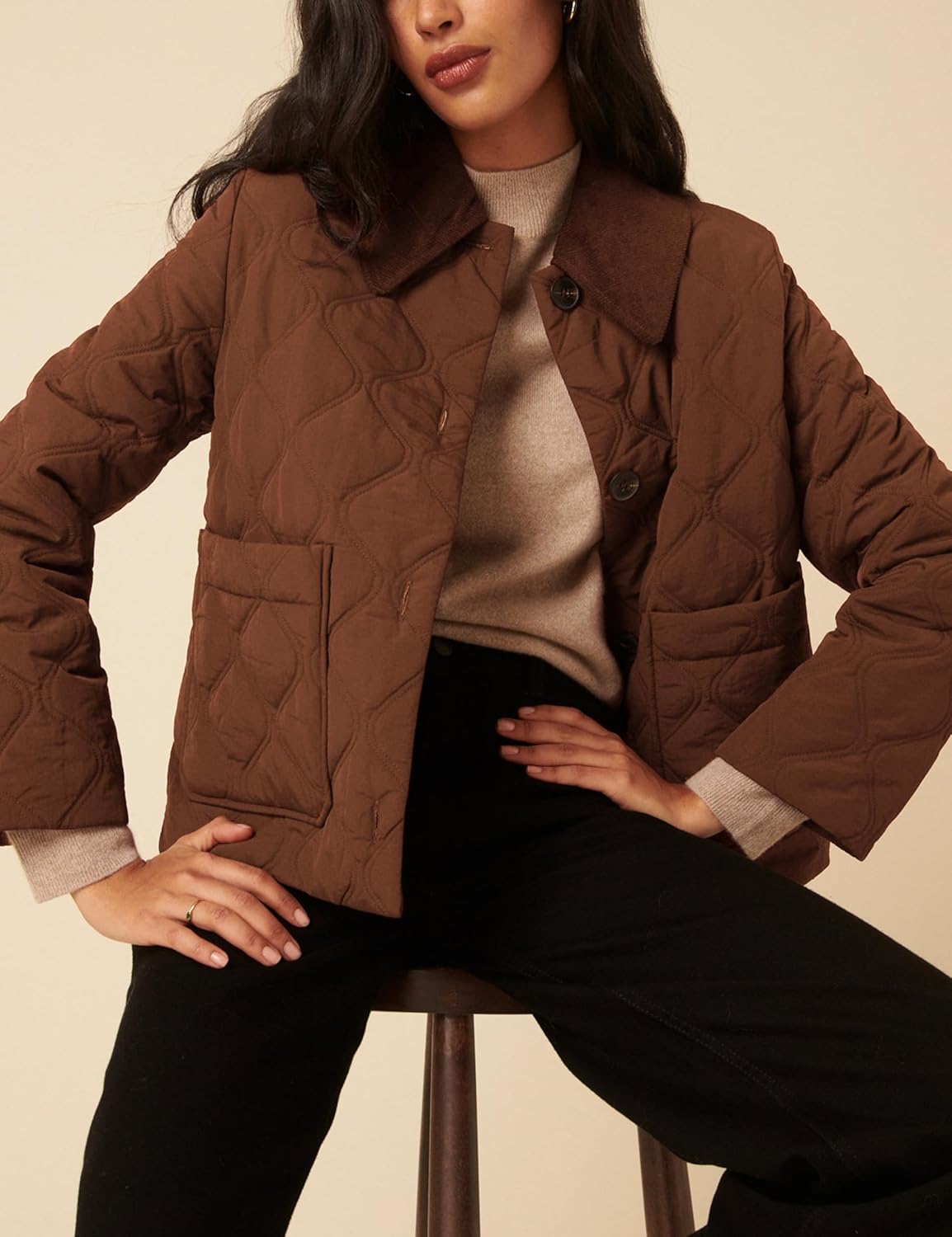 Lviefent Womens Quilted Jacket Lightweight Button Down Puffer Jacket Corduroy Collar Padded Coat Outwear with Pockets - Image 3