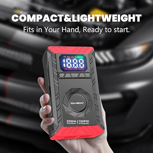 Miniatura 5 de SEAMOUNT Arrancador de 2000 A con compresor de aire, cargador portátil de batería de coche de 12 V y cargador para gas de 6.0 L y diésel de 3.0 L,