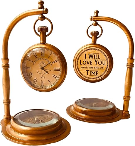 ALADEAN Reloj de mesa de latón con brújula  Reloj de escritorio romántico  Reloj decorativo vintage para amantes del noviomarido, regalos de